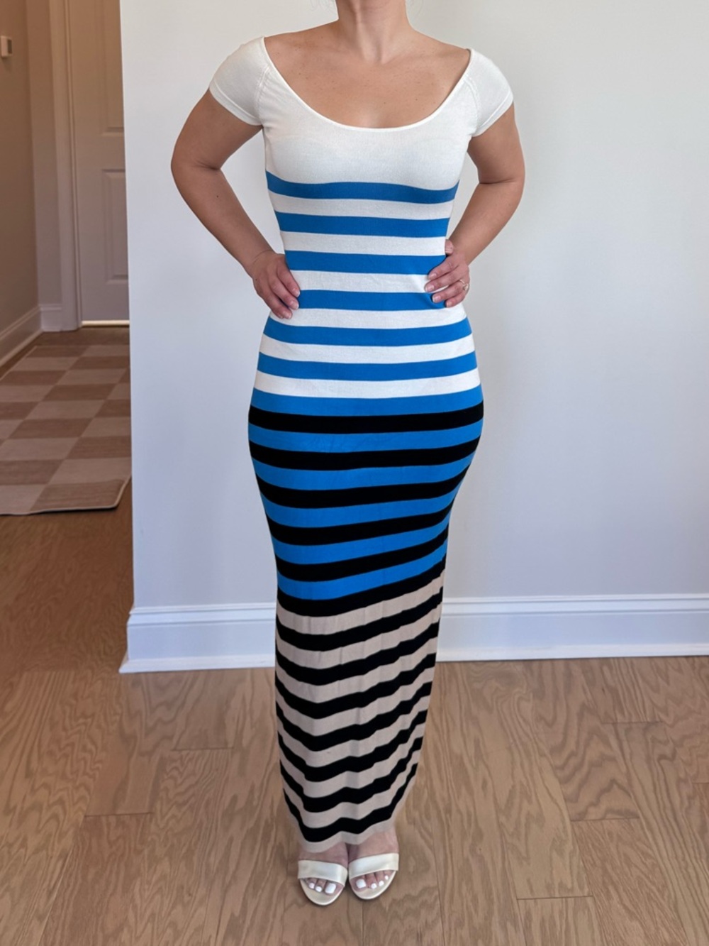 ARDEN B. Striped Scoop Neck Maxi Dress, White, Blue, Black, Tan - XS, NWT - Picture 2 of 9